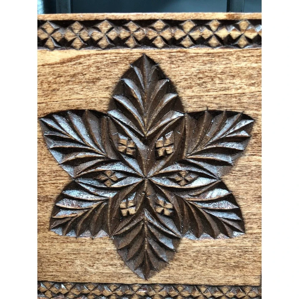 Hand Carved Artisan Wood Wall Plaque Floral Leaf Motif Square Folk Art Decor 4x4